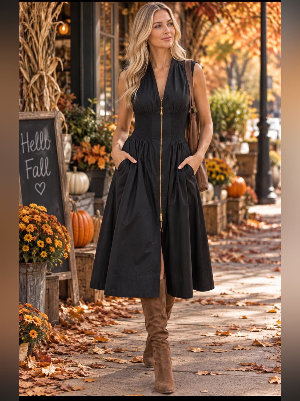Anthropologie The Tommie Zip-Front Midi Dress Black Cap-Sleeve Smocked